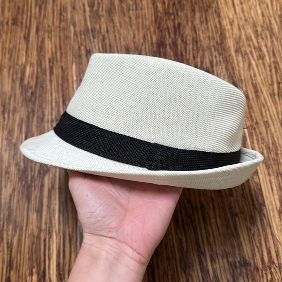 Vintage cream off-white black trim woven fabric fedora hat one size - Picture 6 of 13